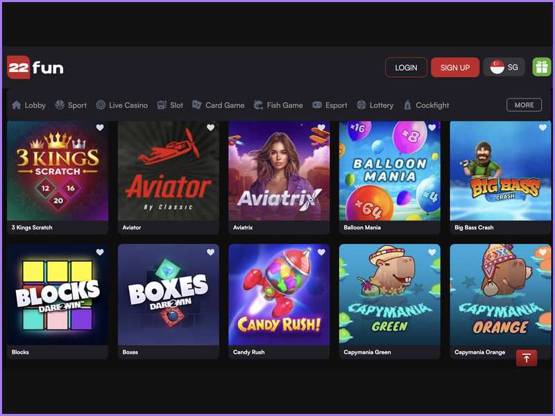 Interface e oferta de jogos do casino online 22FUN