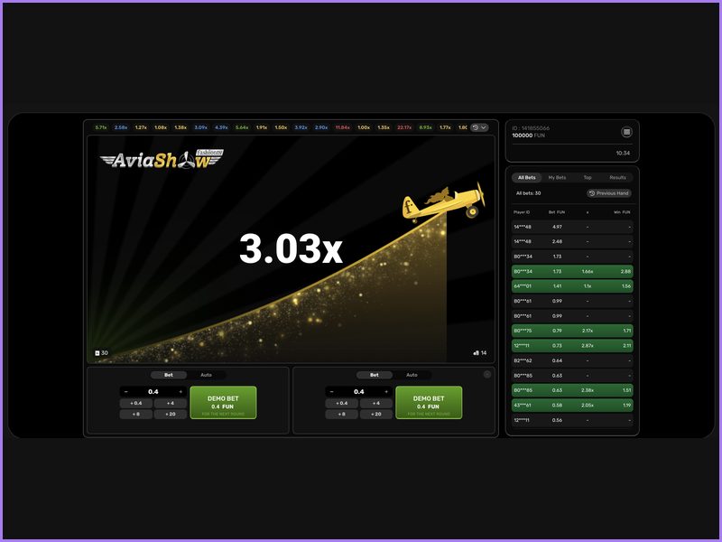 Technical specifications and features of the Aviashow game