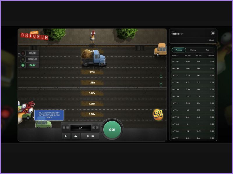 Convenient buttons and features for quick bets in Chicken Crash